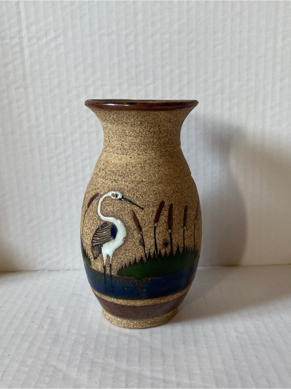 Mexican Tonala Art Pottery Vase Cranes Birds 5.5” Folk Art sandstone traditional